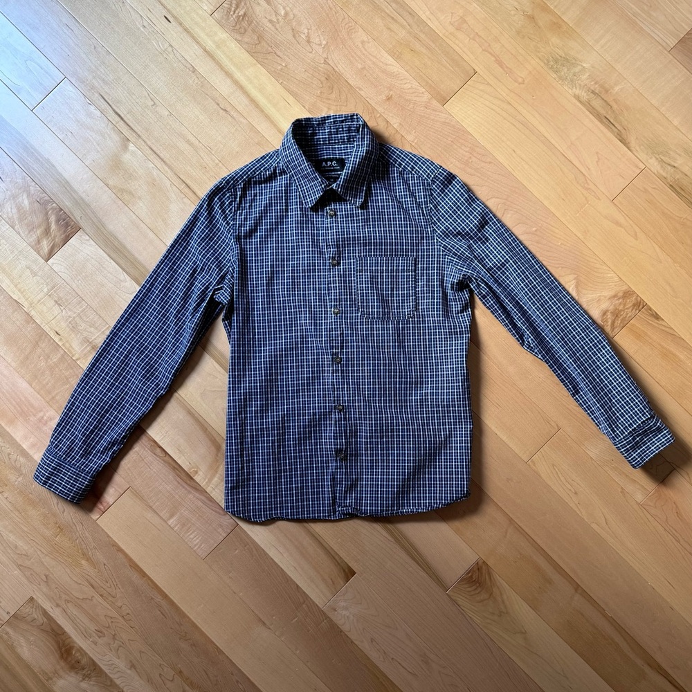 A.P.C. Women’s Checkers Navy blue and White Plaid Cotton Button Down Shirt S SM